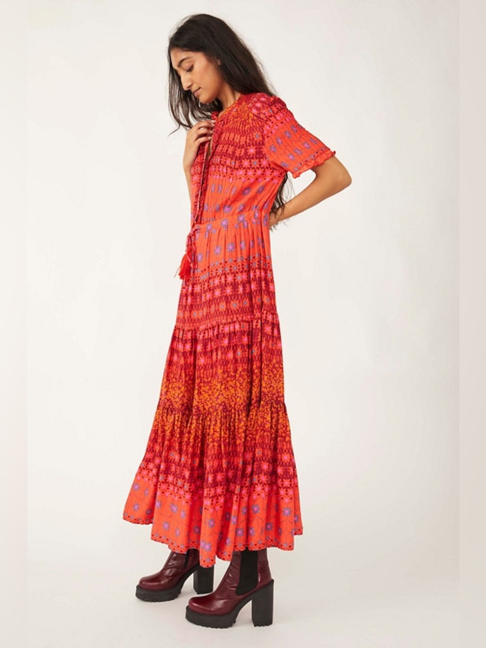 Free People Red and Orange Tiered Maxi Dress with Blue Accents